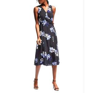 Banana Republic Black Floral Sleeveless Lined True Wrap Midi Dress Size Medium